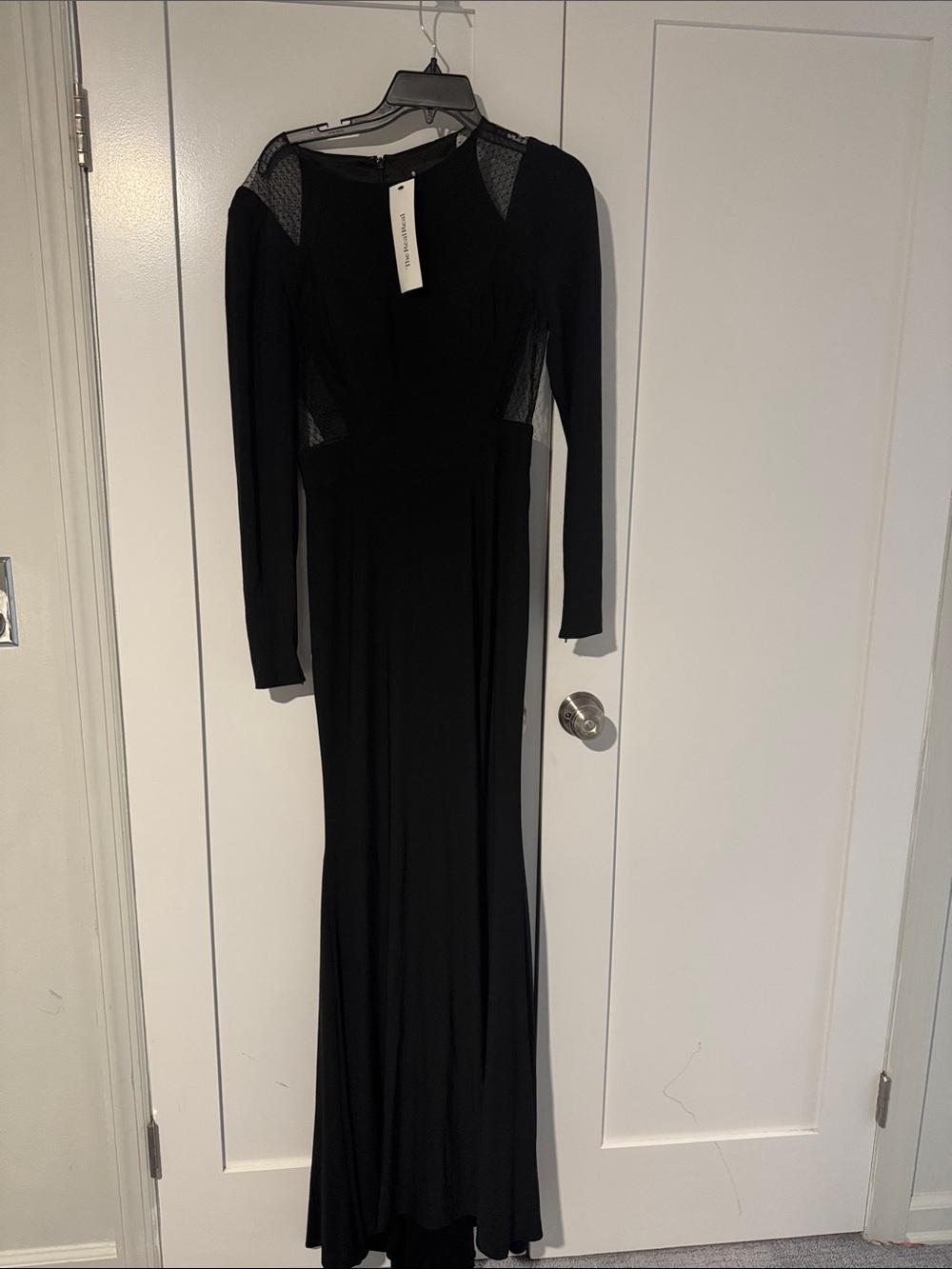 Mac Duggal Black Long-Sleeve Mesh-Panel Maxi Dress